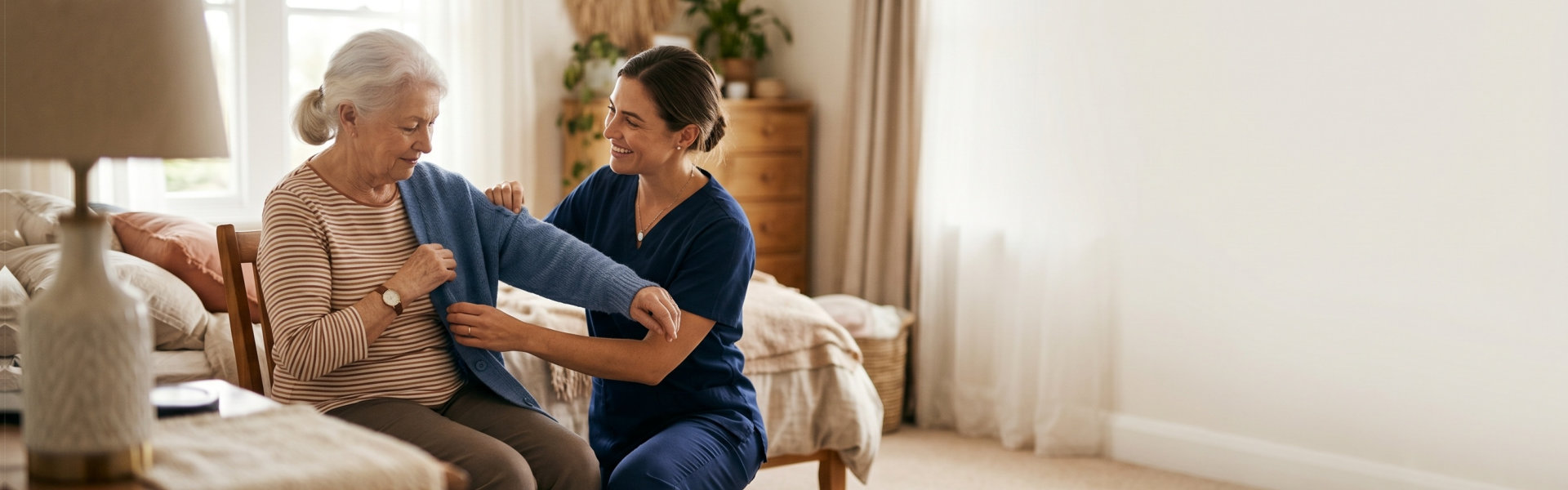Caregiver helping elderly woman